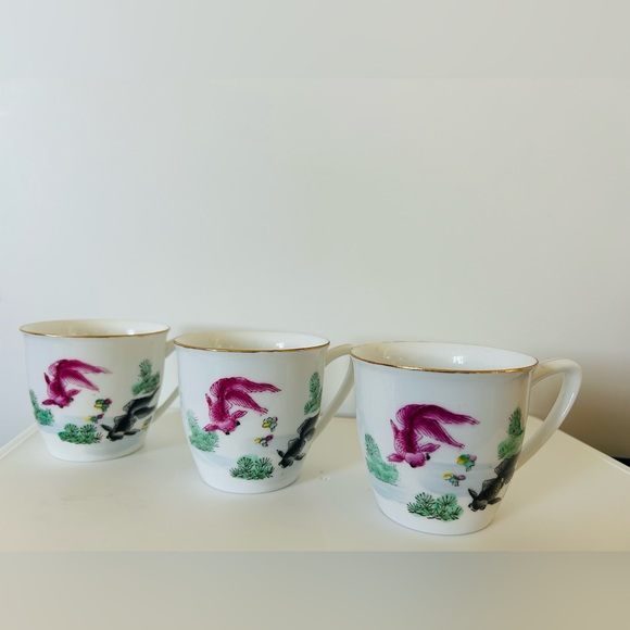 Vintage Set of 3 Chinese Koi Tea Cups 1 Creamer & 1 Sugar Bowl - Picture 3 of 8